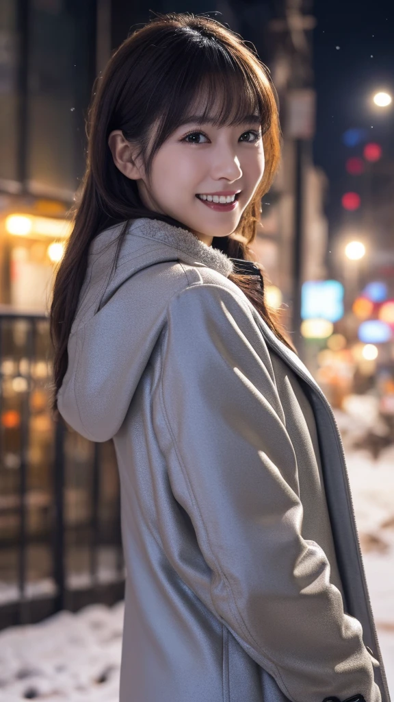 One Girl, (Wear a platinum coat:1.2), (RAW Photos, Highest quality), (Realistic, Photorealistic:1.4), Tabletop, Very delicate and beautiful, Very detailed, 2k wallpaper, wonderful, In detail, Very detailedな CG Unity 8K 壁紙, Very detailedな, High resolution, Soft Light, Beautiful detailed girl, Very detailedな目と顔, Beautifully detailed nose, Beautiful fine details, Cinema Lighting, Illuminations that light up the city on a snowy night, Snow Scene, It's snowing, Snow in the hair, Perfect , Slender body, Was nervous, 
Straight semi-long hair, bangs, View your viewers, smile