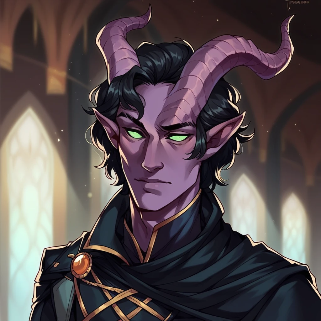 (((beautiful, high quality))), portrait, score_9, score_8_up, score_7_up, Tiefling, pointed ears, horns, colored sclera, 1boy, dark purple skin, black hair, green eyes, black cape, fantasy background, blurred background
