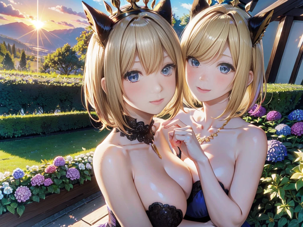 the same,
One Woman,

Golden Hair,
(Short Hair.05),Ashime,straight,

((Flower Hair Ornaments)),Purple Necklace,

Natural skin texture,Big ,Narrow waist,

(((Black)))One-piece dress,Hydrangea pattern,Golden crown,

Neuschwanstein Castle,Germany,
sunset,Outdoor,garden,

Slightly larger breasts,expression(Puzzled),Resolute attitude,
Closed Mouth,blush,True Face,upright posture,Squint your eyes,

Natural depiction,
Beautiful depiction,
Shiny eyes,
Healthy Body,
Natural hairstyle,
Natural body contours,
Natural facial contours,
(Five fingers)A clear depiction of,Symmetrical fingers,
Two arms,Two legs,
Sharp eyelid depiction,
Keep the subject in the center,Expand the upper body,
Beautiful image quality,
Delicate shades,
4K,Very detailed,
Delicate light adjustment,
Delicate contour drawing,