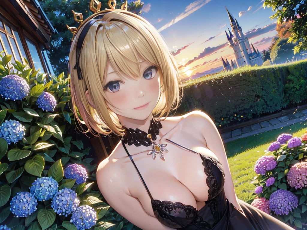 the same,
One Woman,
Golden Hair,
(Short Hair.05),Ashime,straight,
((Flower Hair Ornaments)),Purple Necklace,
Natural skin texture,Big ,Narrow waist,
(((Black)))One-piece dress,Hydrangea pattern,Golden crown,
Neuschwanstein Castle,Germany,
sunset,Outdoor,garden,
Slightly larger breasts,expression(Puzzled),Resolute attitude,
Closed Mouth,blush,True Face,upright posture,Squint your eyes,
Natural depiction,
Beautiful depiction,
Shiny eyes,
Healthy Body,
Natural hairstyle,
Natural body contours,
Natural facial contours,
(Five fingers)A clear depiction of,Symmetrical fingers,
Two arms,Two legs,
Sharp eyelid depiction,
Keep the subject in the center,Expand the upper body,
Beautiful image quality,
Delicate shades,
4K,Very detailed,
Delicate light adjustment,
Delicate contour drawing,