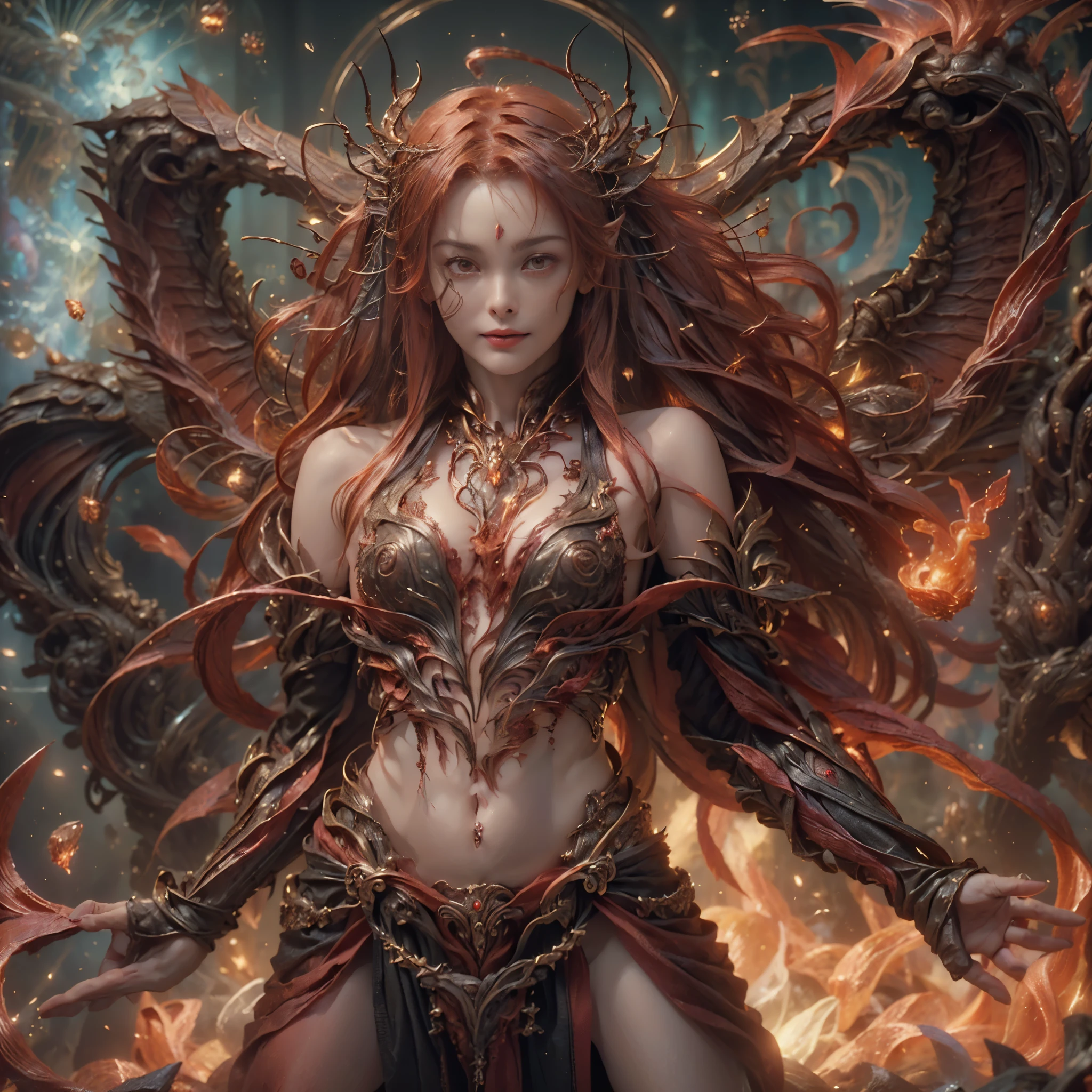 angel on fire, (((8k RAW photo, hyper realistic, masterpiece, best quality, crisp detail, high definition, high detail, very rich detail, sharp focus, sharp detail, colorful, rich color, cinematic, perfect studio lightning, full body photograph, mystic atmosphere))), (((fully naked) young colorful hell goddess, (fully nude, temptating), (adorable beautiful , evil round face, smooth straight short hair goddess, red fire haired goddess, red eyed goddess, medium breast), (seductive, sensual posing), smooth body, ideal body, evil smile)), (releasing (hell fire), (showing bare pussy, bare nipples), ((demonic scorching fire wings, tail)), (incinerated city, meteors shower, night),(six headed serpent behind, flying female demons slaves background)