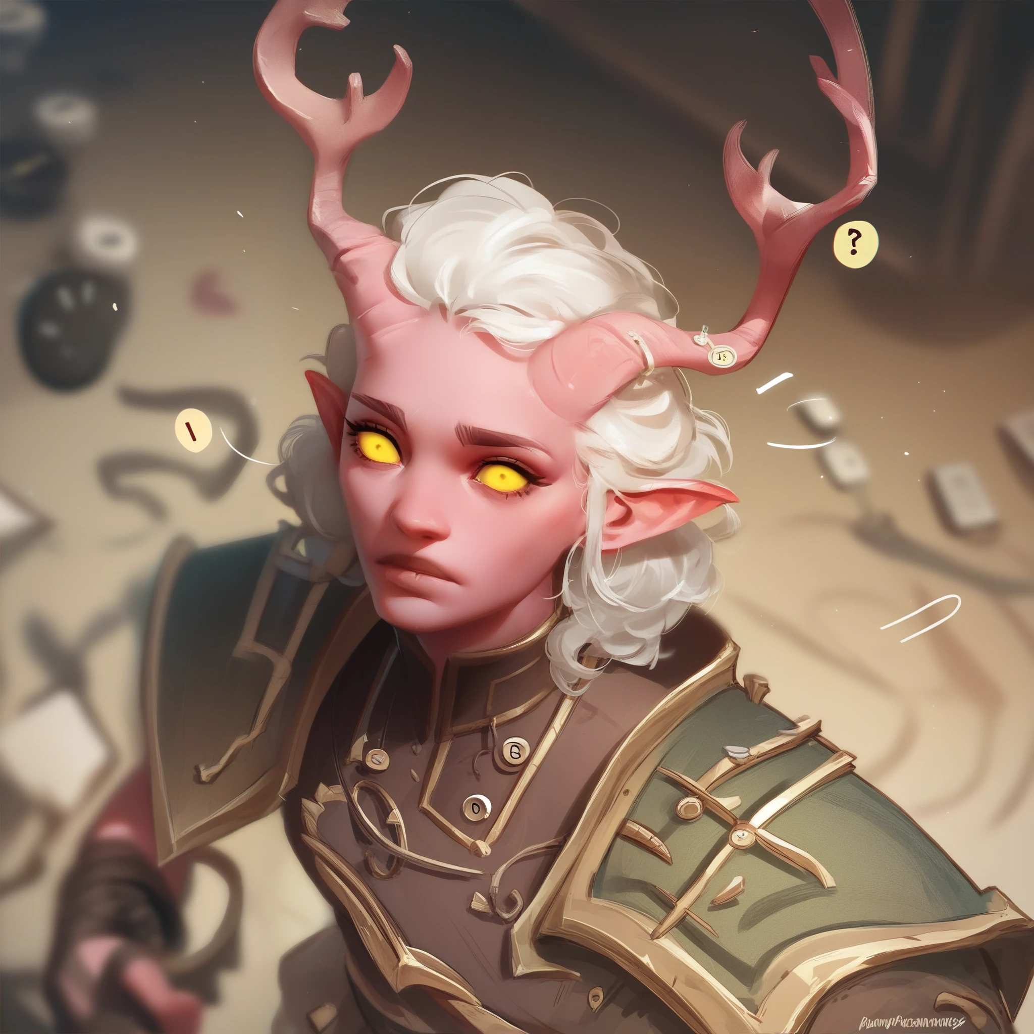 (((comely, high qualiy))), portraite, punctuation_9, punctuation_8_High above, punctuation_7_High above, tiefling, pointy ears, antlers, colored sclera, 1 girl, Pink skin, White hair, yellow  eyes, armors, Fantasy Background, nblurry background