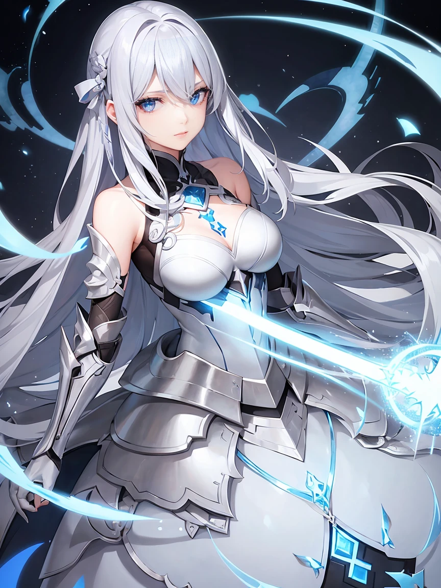 Gray hair straight long、Beautiful sparkling blue eyes、One Woman、Detailed eyes and face、high quality、solo、White Knight、Silver Armor、Rin々Shii、Focus on the Opponent