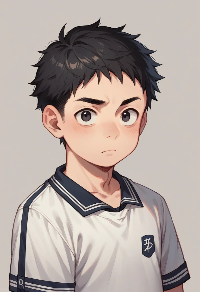 Portrait of a male face, Young, black eyes and dull look, short black hair, chubby, Black lenses, student clothes manga version