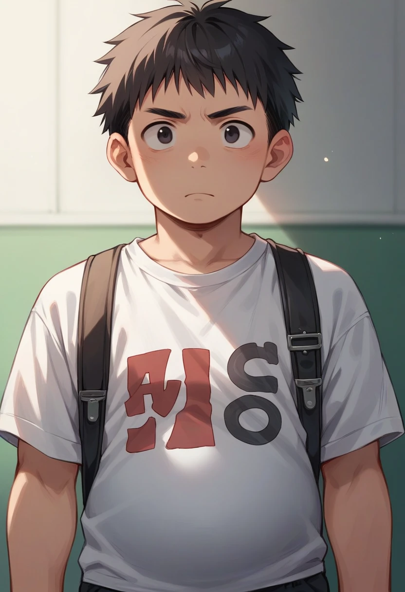 Portrait of a male face, Young, black eyes and dull look, short black hair, chubby, Black lenses, student clothes manga version
