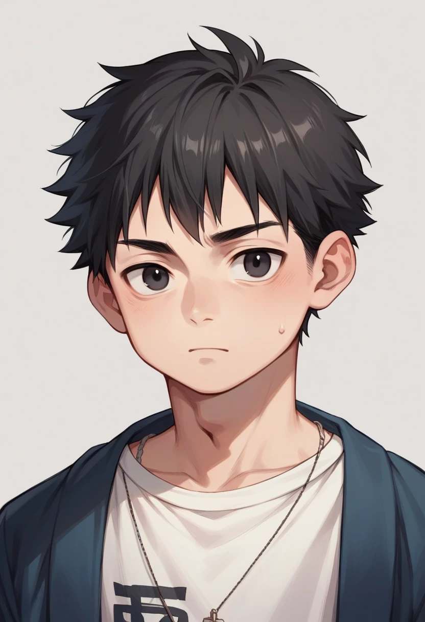 Portrait of a male face, Young, black eyes and dull look, short black hair, chubby, Black lenses, student clothes manga version