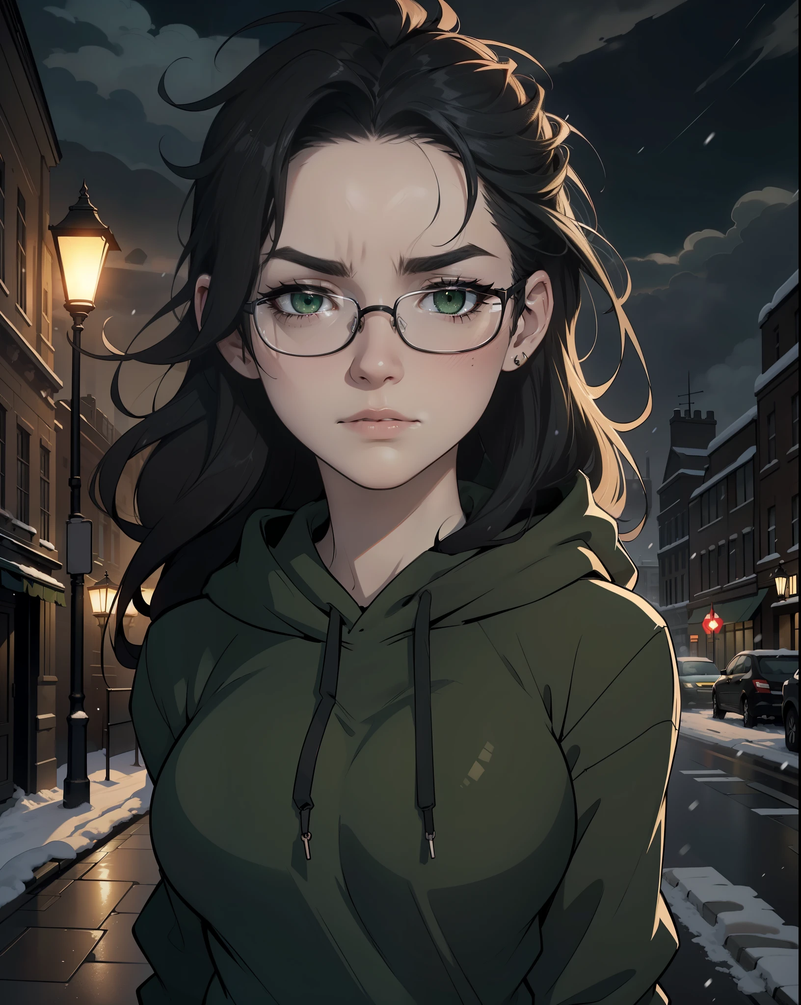 Best quality, volumetric lighting, cinematic lighting, masterpiece, ultra high res, 4k, (soft round detailed face), (sad expression), (detailed green eyes), bags under eyes, thick eyebrows, depressed, melancholy, (wearing rounded glasses), (very pale light skin), detailed black hair, ((long messy greasy hair)), (plain black hoodie), black stud earrings, black nail varnish, unwashed, unkempt, disheveled, sodium streetlamps, midnight, dark clouds, London, snow
