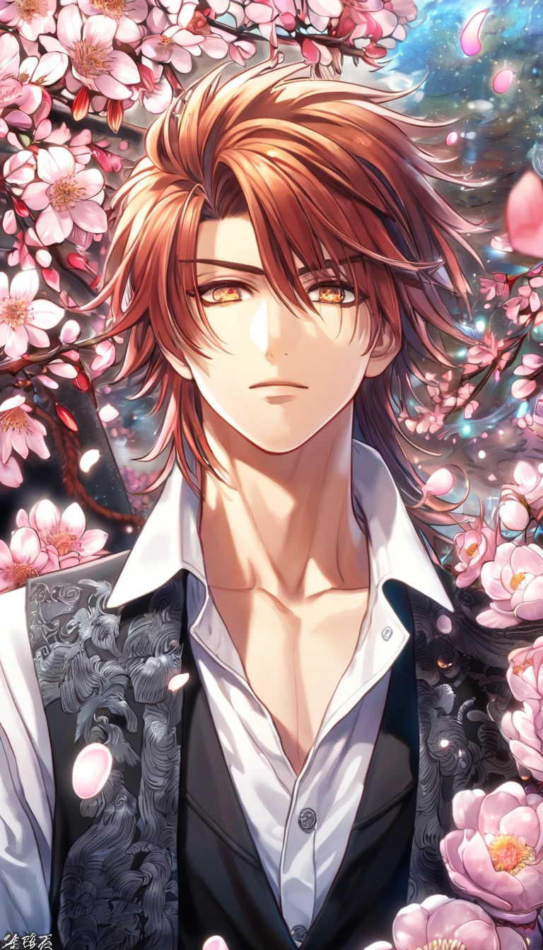 absurdres, highres, ultra detailed, HDR, master piece, Harada Sanosuke, auburn hair, without bangs, expressive amber eyes, white shirt, black vest, long black and white sleeveless jacket, Hakuouki, sexy man, handsome, best quality, blossoms, pink petals, pink flowers, fantasy, magical, blue shining fireflies, solo, water