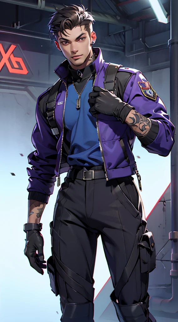 11:23(((Best quality: 1.4))),(Unbeatable masterpiece), (hyper HD),(Hyper-realistic 8k CG)、(one hand action),(dark colored hair) ((( body))), (((1 girl in))), 25-year-old American soldier with perfect body,,Beautiful and well groomed face,muscular body:1.2,Solid royal blue jacket with details, (Pictures from head to thighs), Complex equipment, purpleish color,long trousers,The clothes inside are dark,Clothes with armored metal electronic parts, Poison tattoos )