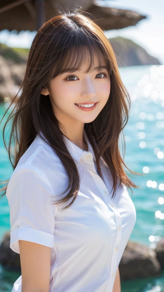 ((Highest quality、Tabletop、8K、Best image quality、Extremely intricate and detailed))、(1 person photo:1.1)、(Nationality: British:1.2)、(Look at me with your best smile:1.1)、(Beautiful beaches:1.1)、(White polyester high short sleeve collar shirt:1.1)、(The perfect short sleeve collared shirt:1.1)、Accentuate your body lines、The most natural and perfect sea background、最も澄んだBeautiful sea、(Very large breasts:1.1)、(Face close-up:1.2)、Attractive body、Hair swaying in the wind、Sandy Beach、Beautiful sea、The clearest and most shining sea、Complex sea glow、The most detailed and realistic ocean、Beautiful seaの詳細が描かれています、(Very brightly lit face:1.2)、Ultra-high definition beauty face、(Ultra high resolution perfect beautiful teeth:1.1)、Ultra HD Hair、Ultra-high definition sparkling eyes、(Pure white skin shining in ultra-high resolution:1.2)、Ultra-high quality glossy lips、The cutest gravure pose、(Very bright and vivid:1.2)、(Very bright:1.2)、(Very refreshing:1.1)、(Glowing white beautiful skin:1.2)、(Very strong exposure:1.2)、(Pure white skin that shines Very brightly:1.2)、(Very strong highlights:1.2)、(Very bright and glowing skin:1.2)、Blurred Background