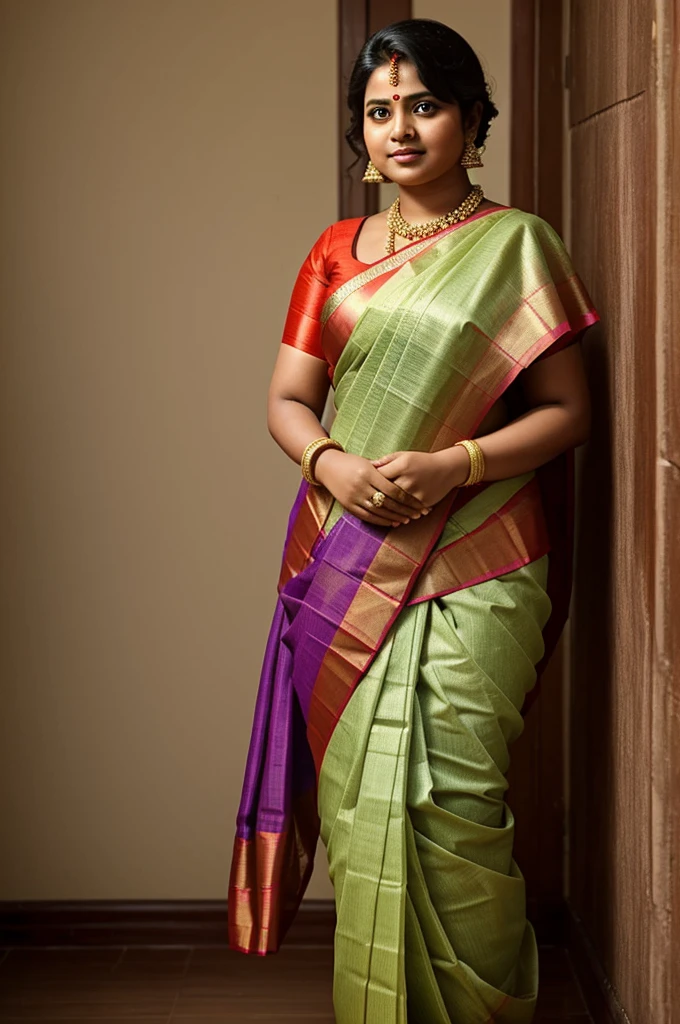 A fat girl in andhra style saree with short hair until shoulders
