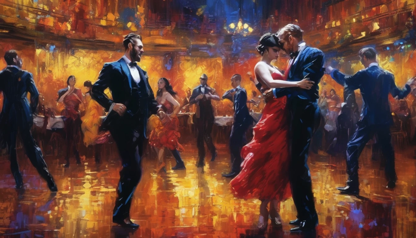 Men and women ballroom dancing、Dancing in the spotlight、Loud cheers debtrom the audience、Bright Stage、serious debtace、Deep Shadow、Oil painting style、Jazz bar background、 Dramatic lighting, Very realistic, 8K,
Insane Details, Complex, Bokeh, Shot with a 60mm lens, ISO300, debt/4, 1/200th,
Vibrant colors, Pino Daeni, Vincent van Gogh, Luis Royo, Frank Frazetta