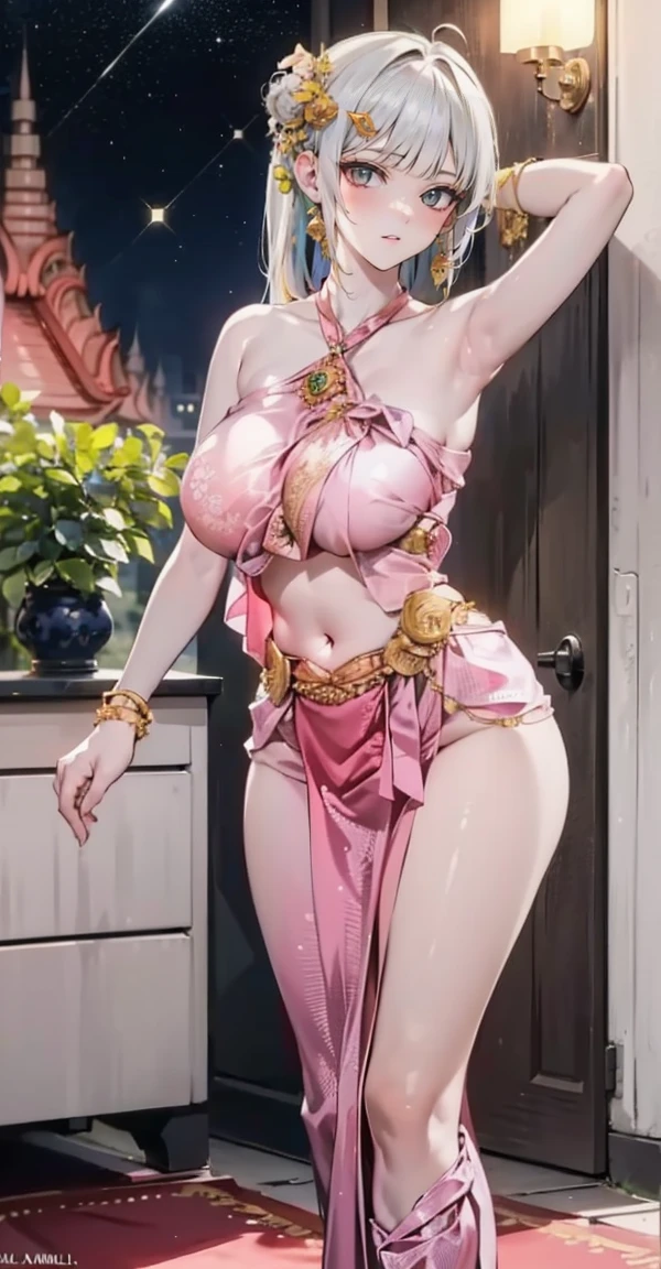 Group of 5 princesses,(5 young women,many young women), (in the bedroom), Various hair styles, harem, Wear a strapless Thai dress...,(very good,no panties) at night, detailed face,Complete breasts,fully, ((big breasts,Breast curtain,Partially naked)) short skirt, mule, Sleeveless , Show your armpits, at night, starry at night,(large areolae:1.4,pink,The nipples are clearly visible.....),((Various positions),(Look at the viewer.:1.5),milf, Highest quality、Highest picture quality、Masterpiece,(((Navel drive,dance,dance,Thai Dance)))