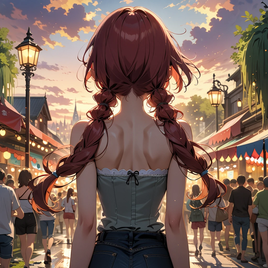 Highest Quality, masterpiece, light particles, gray eyes, dark red hair in low twin tails, swept bangs, stoic, from behind, strapless gray top with white trim, jeans, upper body, toned arms, dusk, swamp, festival, crowded, flowers, city in view, anime
