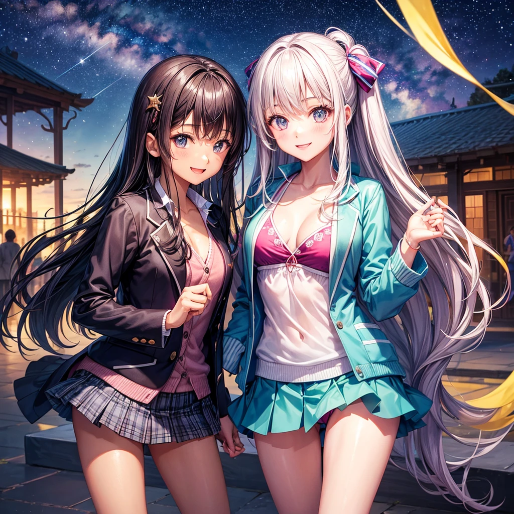 best quality，，smile，blazer，swimsuit，nepal，middle School girlultiple girls are depicted,harem，idol group，starry sky background，photo shoot，long hair，wearing a cardigan，beautiful girlの国，girl&#39;s paradise，highest quality，big breasts，leather jacket，happy girl,horny girl，blue eyes，perfect face，standing position，She has her bangs down，fur jacket,Beautiful eyes，smooth hair，perfect eyes，beautiful girl，Angel Girl，multicolored hair colors，naughty girl，beautiful，High-dimensional beautiful girl，Multidimensional beautiful girl，gathering，Group、，classroom，School，