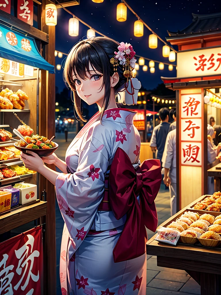 Highest quality,Highest Resolution,fair,Night Festival,shrine,Woman in yukata,Eat at street food stalls,Opening a store,men and women,Couple,