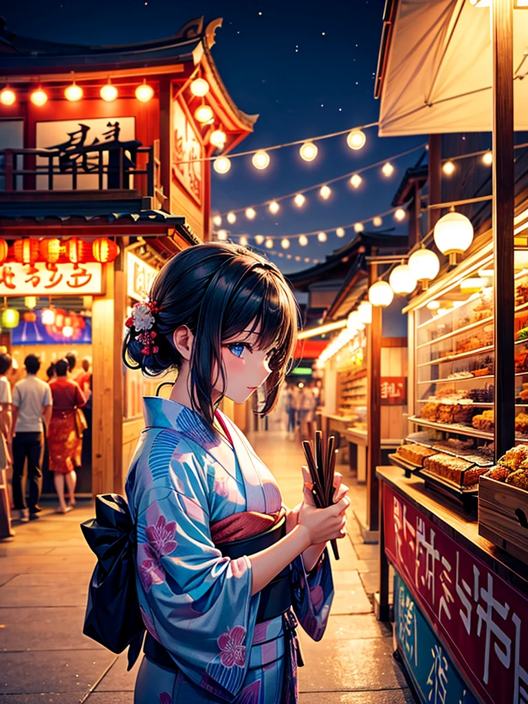 Highest quality,Highest Resolution,fair,Night Festival,shrine,Woman in yukata,Eat at street food stalls,Opening a store,men and women,Couple,