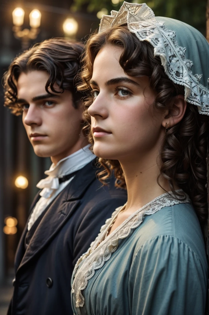 (a close-up two boys aged 16 to 19 on a 19th century street in a vintage dress ), (Serious:0.5), (Very detailed face:1.4), ass point of view, Nikon D850, film stock photography, 4 Kodak Portra 400, f1 camera.6 lenses, saturated colors, realistic texture, dramatic lighting, Cinestill 800, 19th century Victorian style, evening,rain,vintage lighting, medium curly hair