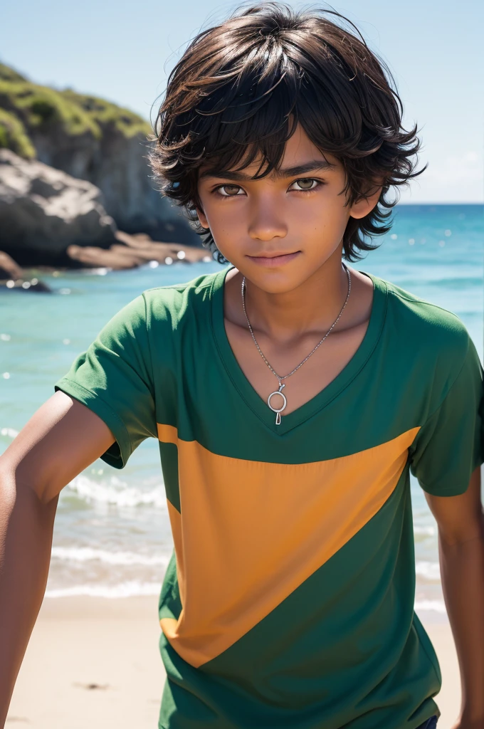 12-year-old boy with tanned skin and shaggy black hair
combed to the side, as if "he had just taken a walk to the beach." With a taciturn face, intense sea green eyes, a rebellious look and a troublesome smile. Wearing a light orange shirt with the words: Camp Half-Blood and a necklace with 5 colored clay beads. Live action