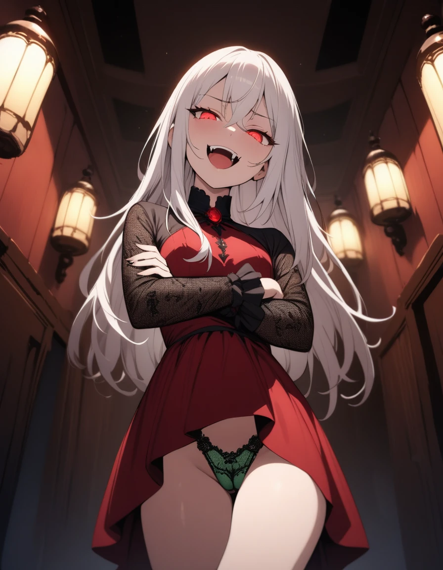 (masterpiece),(best quality),very aesthetic,(ultra-detailed),(illustration),(degenerate),nsfw,1girl,yo,slender,long hair,white hair,straight hair,disheveled hair,red alluring eyes,one eye wide opened,condescending look,open mouth,smirk,fangs,An elegant and sophisticated outfit perfect for a party, featuring a dark red dress with lace accents sleeves,ecstasy,happy,inroom,standing,standing on one leg,head tilt,crossed arms,daytime,Lascivious atmosphere,fantastic atmosphere,Dimly lit room like a dungeon,Toxic green colored lace thong,Old furnishings,dusty room,cowboy shot,looking at viewer, vampire, strawberry juice glass, dark fantasy, bat,bat's wings,from below,POV