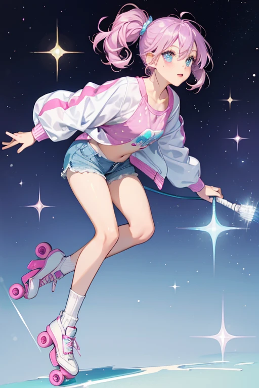 Roller Sk8er has fair skin and pink blushed cheeks and lips. She has big azure eyes and violet hair worn up in several tight bands tipped in hot pink. Her bangs are in several tiny curls raming her face. She wears a white top with a light blue enamel jacket, light pink shorts with a stripe of white on the side of the leg, and light purple socks paired with light blue rollerskates. SPARKLE; GLITTER
