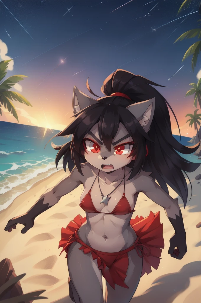 score_9,score_8_up,score_7_up, source_cartoon, source_furry, furry girl, wolf, black hair, punk hairstyle, huge long spiky ponytail, anime style, small breasts, red eyes, makeup, eyeshadows, ((deep red bikini ruffled triangle, high cut bottom, star necklace, beach sarong with shooting stars on hips)), high quality, detailed body, detailed eyes, detailed face, masterpiece, glistening body, detailed body fur, best quality, two tone body, gray fur, clear gray fur, perfect lighting, perfect shadows, perfect eyes, perfect hair, perfect face, gorgeous body, skinny, running towards viewer, angry expression, glowing red eyes, outdoors, from above, dynamic action shot, speed lines, motion blur, Birds Eye view, fight,
