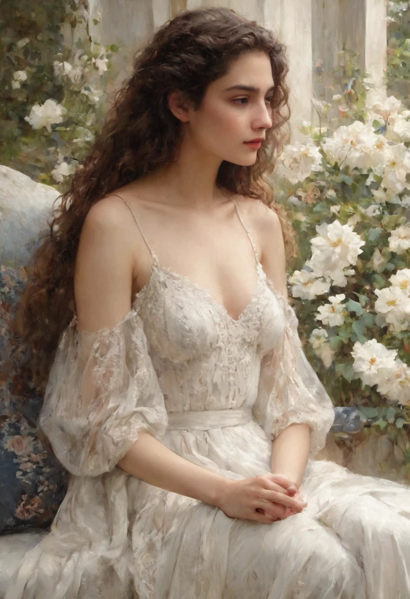 (Highest quality,4K,8K,High resolution,masterpiece:1.2),Super detailed,(Realistic,Realistic,Photorealistic:1.37),oil,Omar Layan ,Beautiful detailed girl,Shoulder-length hair,Brown Hair,Straight Hair,Sit on a bench,Holding flowers,Klimt,many,Emil Vernons,Illustration,Shiny texture,Lush garden,Natural light,Dreamy atmosphere,Bright colors,Graceful posture,Detailed facial features,Curly Hair,Delicate brushwork,Elegant dress,Feminine elegance,Artistic interpretation,Fantasy elements,Subtle emotions,Otherworldly beauty,A melancholic look,Harmonious composition,Impressionist style,Gold accents,Gorgeous patterns,White Dress,Dresses with sheer underwear,See-through underwear,Small nipples,