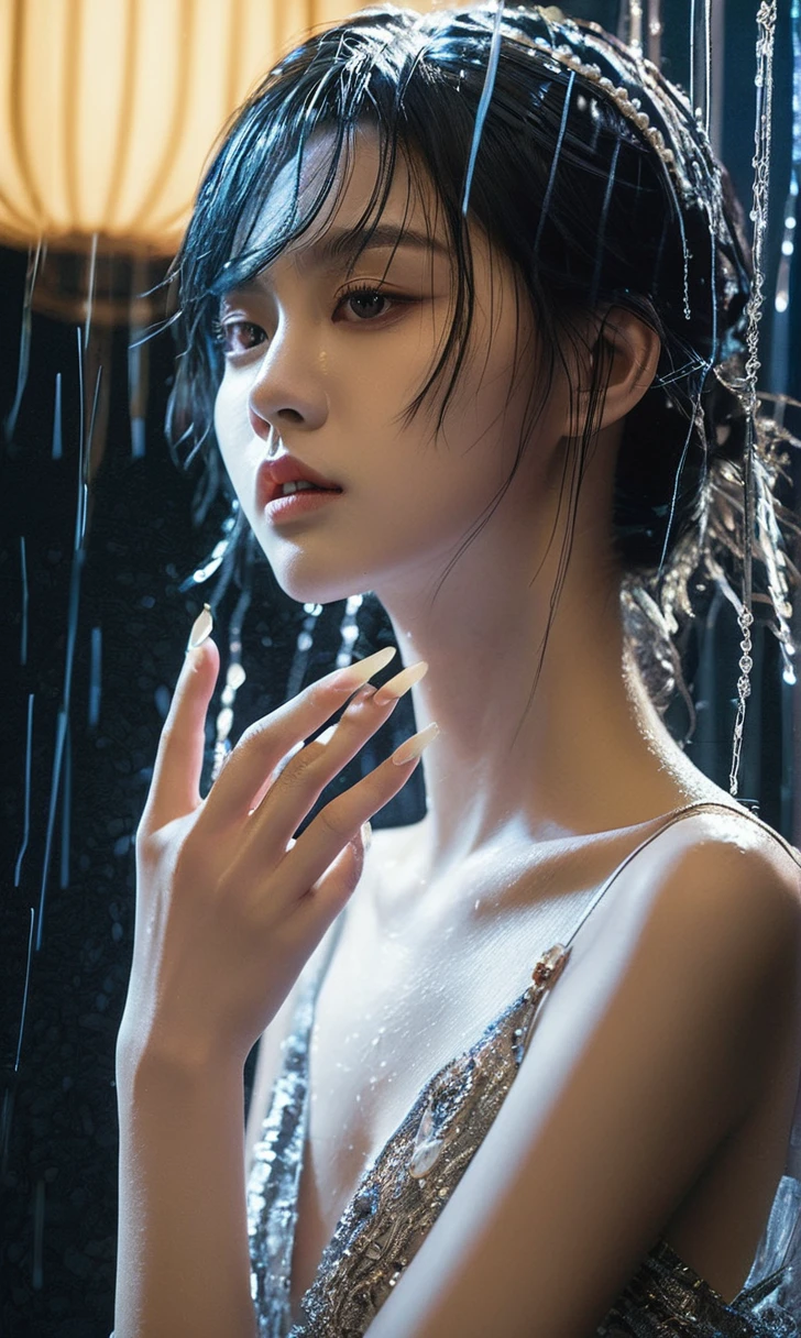 18 year old beautiful girl with monster, pearl-like eyes, extremely detailed face, heavy rain, crazy body movements, exaggerated perspective, poster, androgynous, fashion, dramatic lighting, loud sound, distorted style, 32k ultra-high resolution, Chinese girl, (full_body:1.1), phone_screen