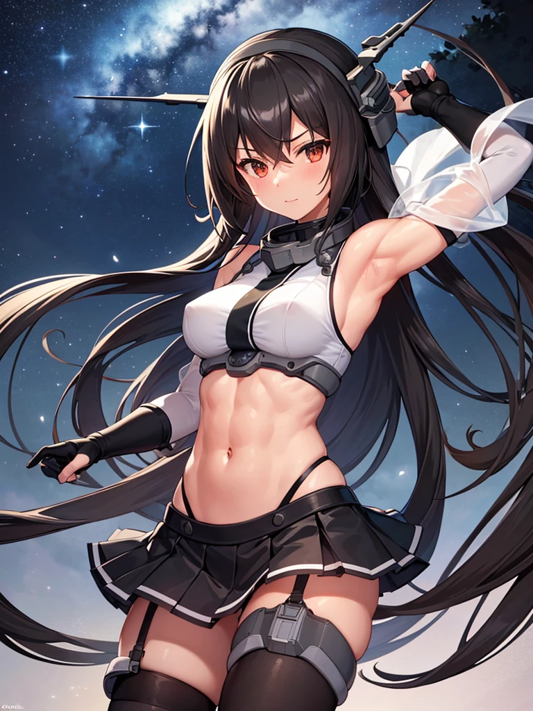 Mecha Wings、Black Skirt、sword、Accentuated thighs、White tights、chest、Black Hair、1 girl、solo girl、Thick thighs、is、Frame Arms Girl、Alice Gere Aegis、income、headphone、hand on own chest、smile、idol costume、back track rich