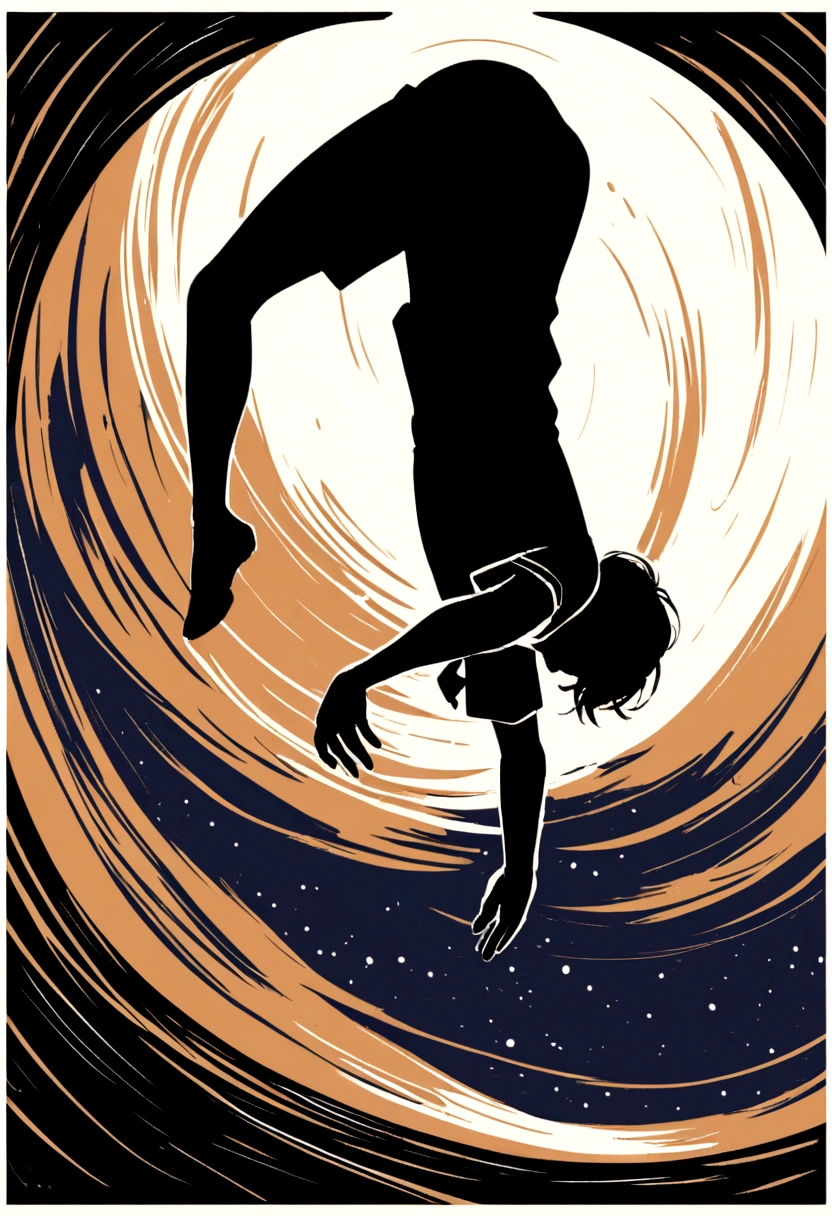in the darkness of space, silhouette of a capoerista doing a somersault, graphic t shirt vector, describe, white border background