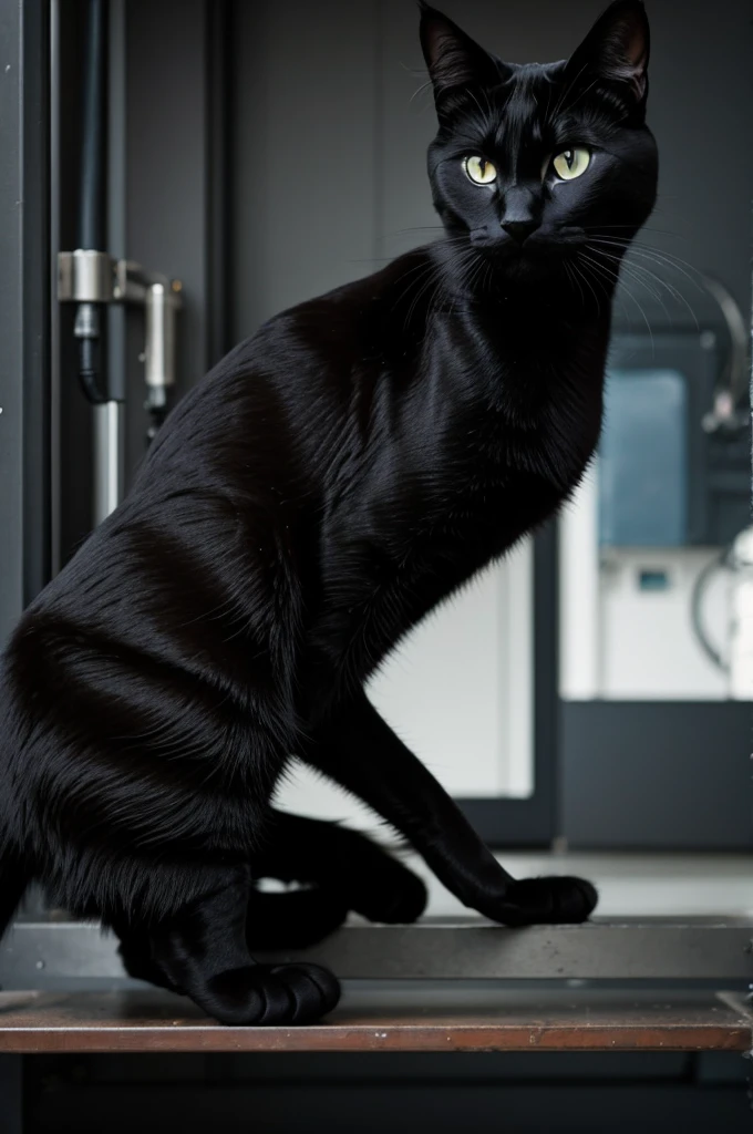 Black cat with gray half robot