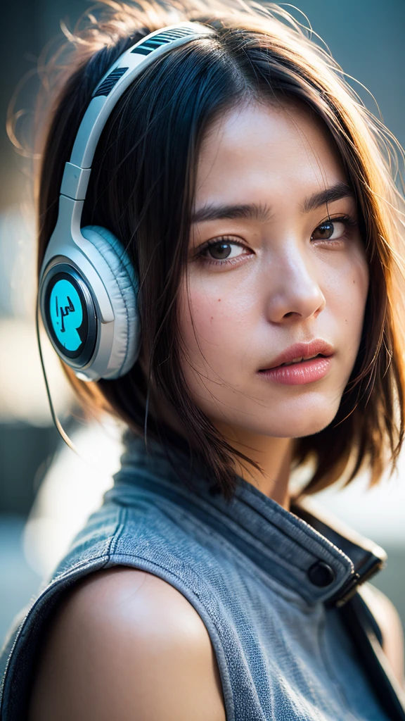 Dressed, (photo Realistic:1.4), (hyper Realistic:1.4), (Realistic:1.3), (Smoother lighting:1.05), (Improving the lighting quality of movies:0.9), 32k, One girl,20 year old girl, Realistic lighting, Backlight, Light on the face, Ray-tracing, (Bright light:1.2), (Improvement of quality:1.4), (Highest quality real texture skins:1.4), Detailed drawn eyes, Detailed painted face, Quality Eyes, (Tired, sleepy and satisfied:0.0), Face close-up, T-shirt with headphones, (Enhance the mood of your body line:1.1), (Enhances the beauty of skin texture:1.1)
