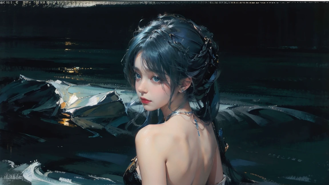 night，Oil painting style，The back of a girl，Blue Hair，Upper Body，Background is the sea，Late Night，Exquisite eyes