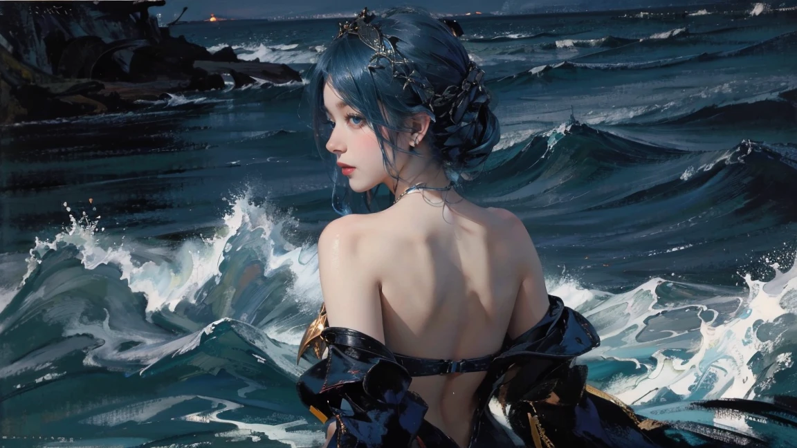 night，Oil painting style，The back of a girl，Blue Hair，Upper Body，Background is the sea，Late Night，Exquisite eyes