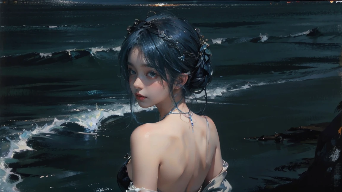 night，Oil painting style，The back of a girl，Blue Hair，Upper Body，Background is the sea，Late Night，Exquisite eyes