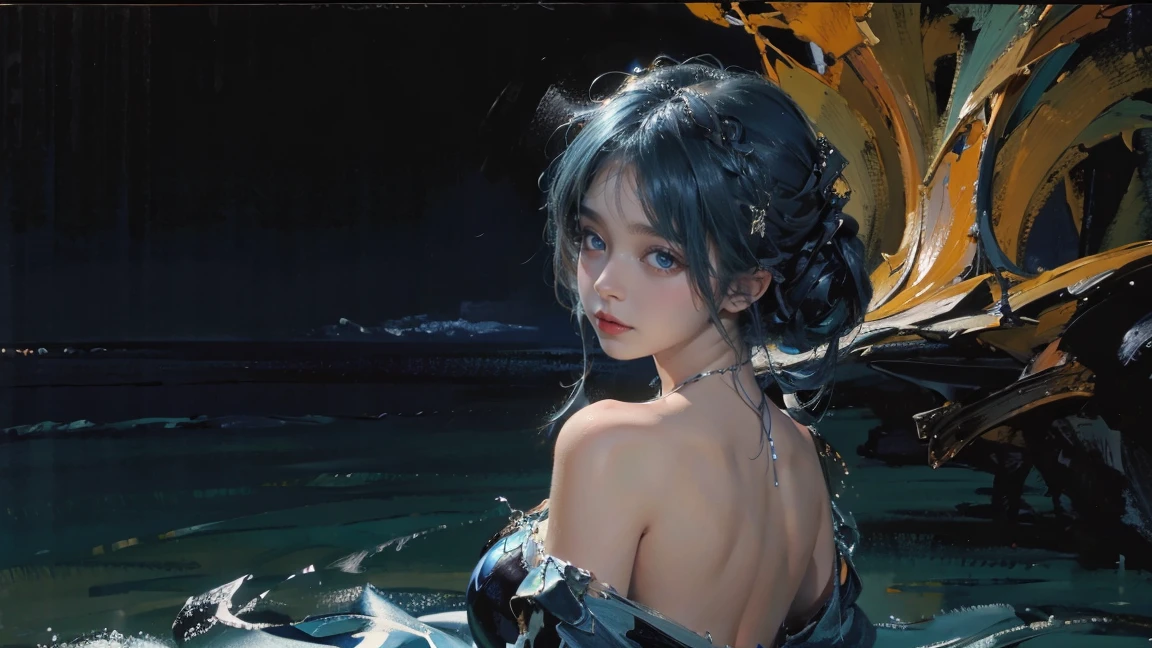 night，Oil painting style，The back of a girl，Blue Hair，Upper Body，Background is the sea，Late Night，Exquisite eyes