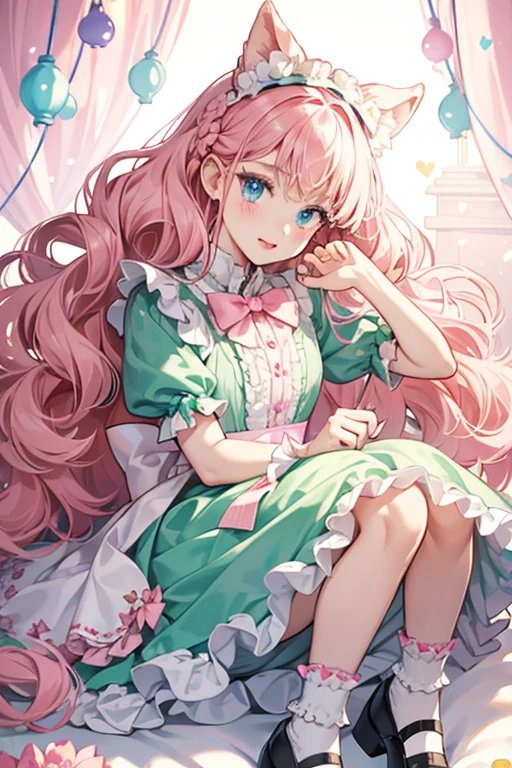 Royal High-Ney has fair skin and pale blue eyes. She wears red lipstick and has dull pink blush and a black heart-shaped beauty mark at the lower left corner of her eye. She has light pink hair worn up in a large curl, surrounded by several smaller curls and tiny braids at the bottom of her head.
Her light green dress is frilly and shaped to reveal pale pink frilly fabric beneath it. A row of tiny electric pink bows go down the center of her dress and with it, she wears electric pink shoes with a tiny white bow and frilly socks. SPARKLE; GLITTER