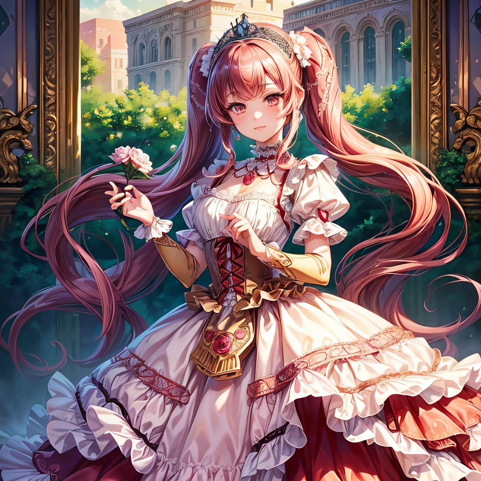 best quality,highres:1.2), ultra-detailed,realistic, anime style, portrait, full-length, pretty princess, beautiful detailed eyes, cute happy expression, long red pigtails hair, pink eyes, small breast, makeup and lipstick, steampunk, golden gears and machinery details, red and white ball gown with puffy sleeves, lace trim and ruffles, elaborate embroidery, delicate lace gloves, pretty tiara adorned with gems, fancy necklace and earrings,princess holding a rose bouquet in her hand, standing in a lush garden with blooming flowers, cobblestone pathway, steampunk landscape with floating islands and airships, cotton candy-colored clouds, soft golden sunlight illuminating the scene.