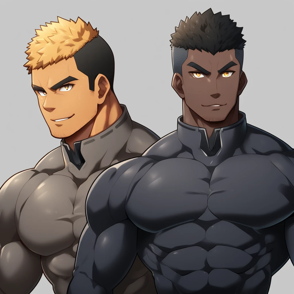 anime characters:Gyee, Muscle Sports Student, negro black skin, 1 dark skin muscular tough guy, Manliness, male focus, Dark grey high collar long sleeve wetsuit, Matte texture, Very tight, Round, full and perky chest muscles, Slightly transparent, muscular male, muscular, only, Upper body, alone, Black short hair, Thick eyebrows, stubble, Yellow eyes, Grey background, simple background, amazing quality, best aesthetics, Ridiculous, bright pupils, crew cut, parted lips, seductive smile, torogao, naughty face, best quality