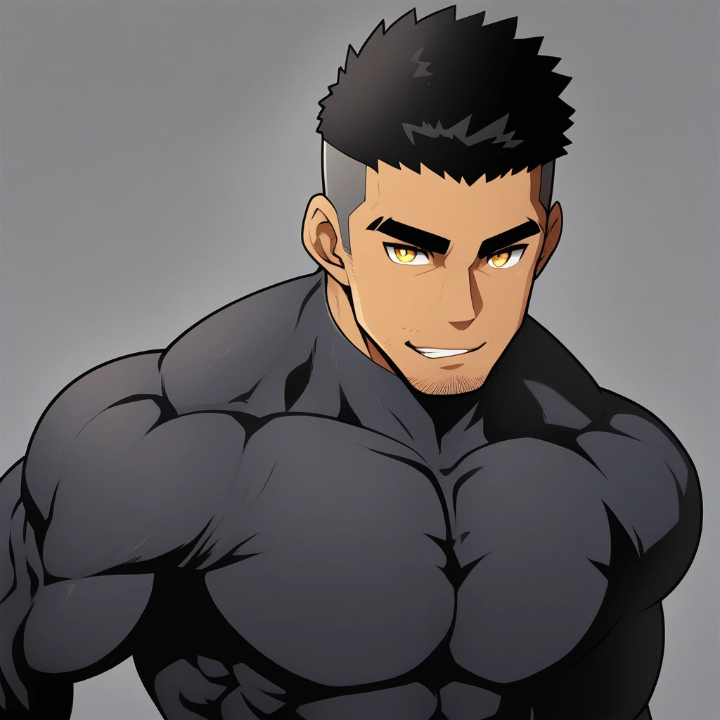 anime characters:Gyee, Muscle Sports Student, ????? black skin, 1 dark skin muscular tough guy, Manliness, male focus, Dark grey high collar long sleeve wetsuit, Matte texture, Very tight, Round, full and perky chest muscles, Slightly transparent, muscular male, muscular, only, Upper body, alone, Black short hair, Thick eyebrows, stubble, Yellow eyes, Grey background, simple background, amazing quality, best aesthetics, Ridiculous, bright pupils, crew cut, parted lips, seductive smile, torogao, naughty face, best quality