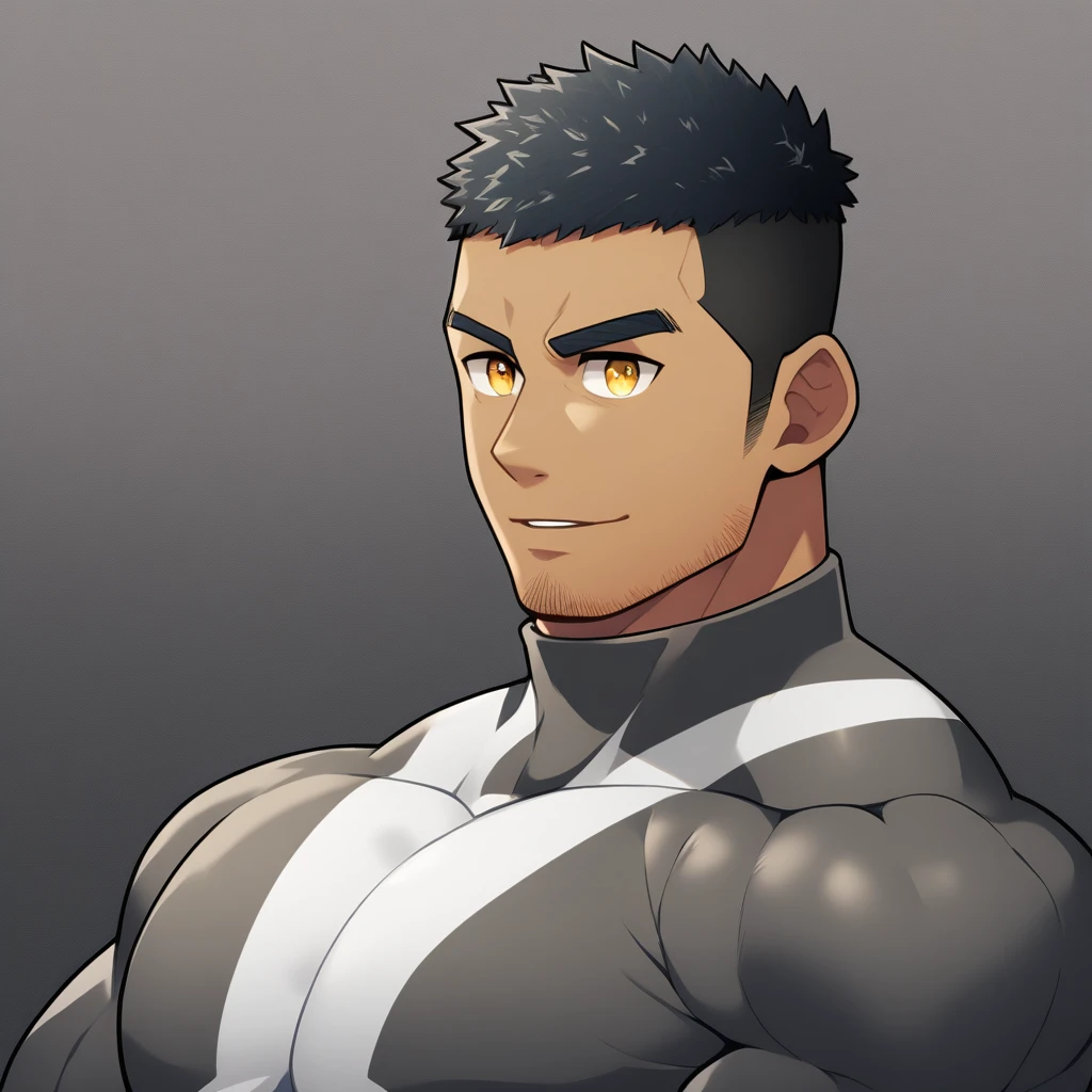 anime characters:Gyee, Muscle Sports Student, negro black skin, 1 dark skin muscular tough guy, Manliness, male focus, Dark grey high collar long sleeve wetsuit, Matte texture, Very tight, Round, full and perky chest muscles, Slightly transparent, muscular male, muscular, only, Upper body, alone, Black short hair, Thick eyebrows, stubble, Yellow eyes, Grey background, simple background, amazing quality, best aesthetics, Ridiculous, bright pupils, crew cut, parted lips, seductive smile, torogao, naughty face, best quality