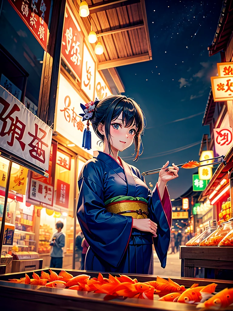Highest quality,Highest Resolution,fair,Night Festival,shrine,Woman in yukata,stall,Opening a store,men and women,Couple,Goldfish scooping,