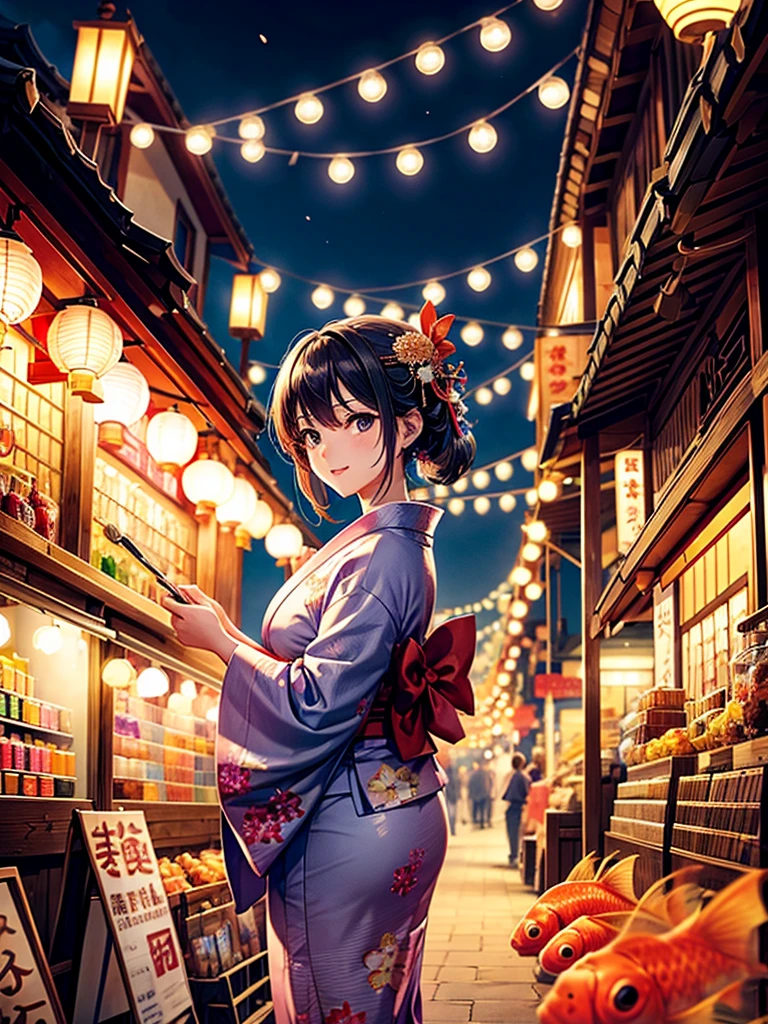 Highest quality,Highest Resolution,fair,Night Festival,shrine,Woman in yukata,stall,Opening a store,men and women,Couple,Goldfish scooping,