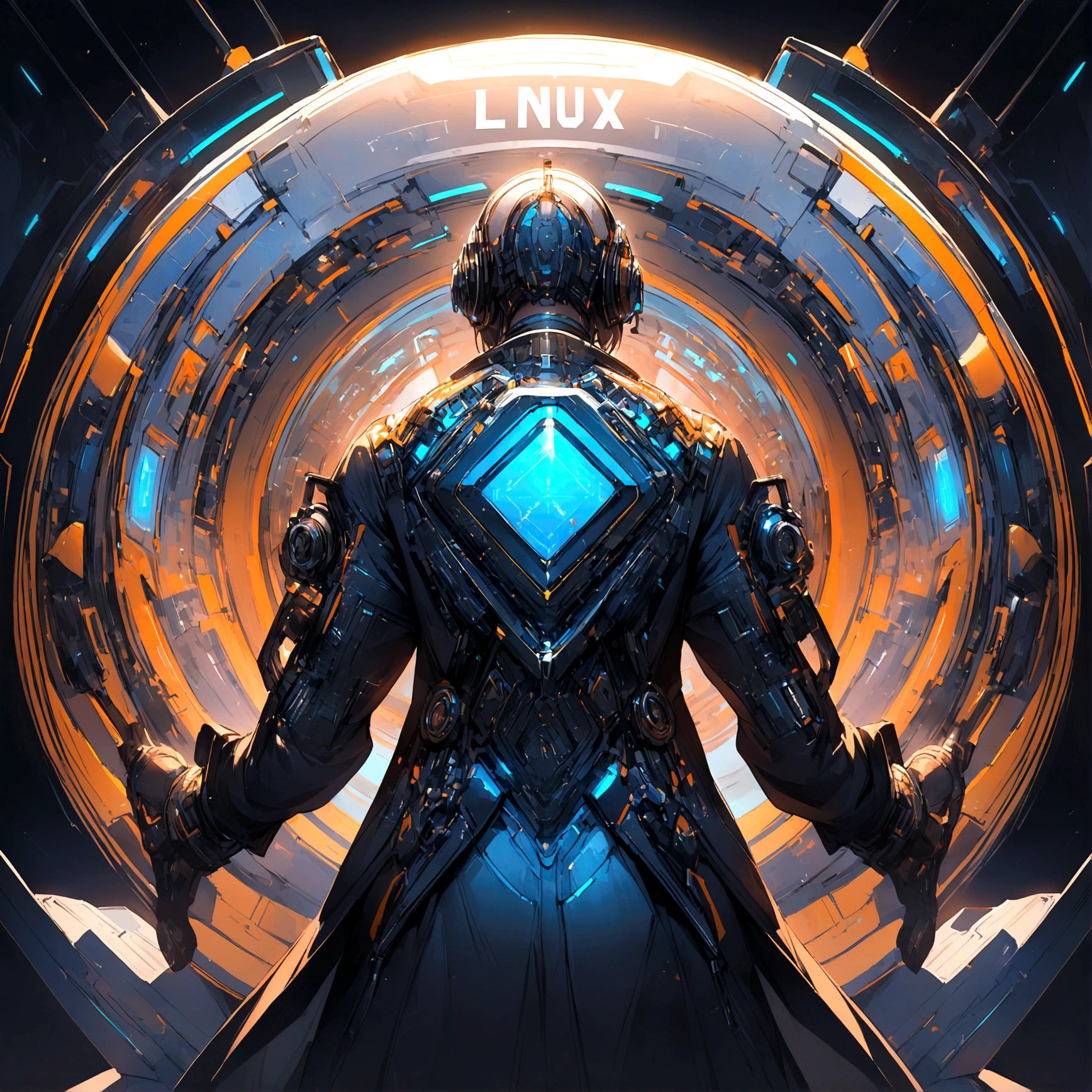 a person from the back holding a trophy and with a background that says LINUX