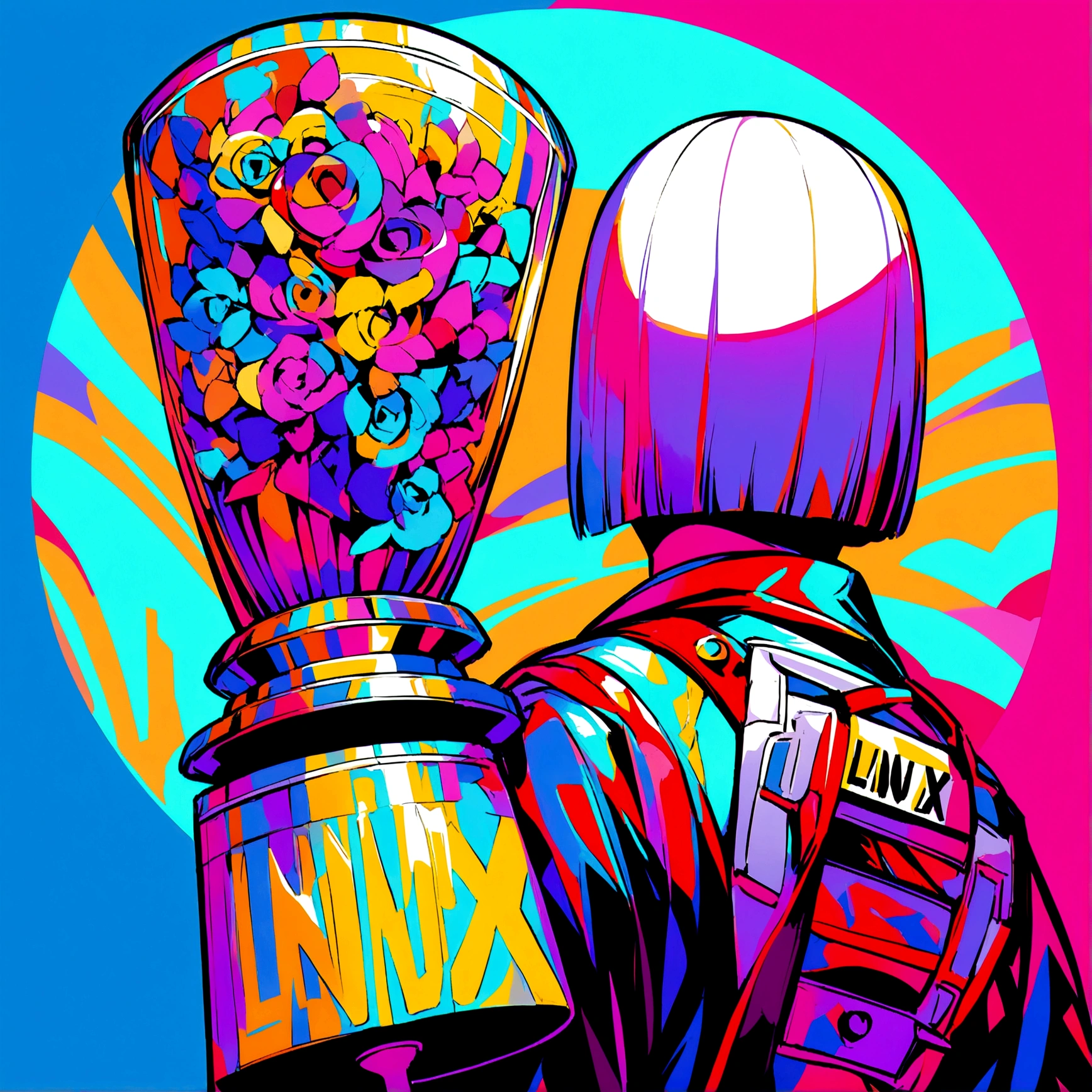 a person from the back holding a trophy and with a background that says LINUX