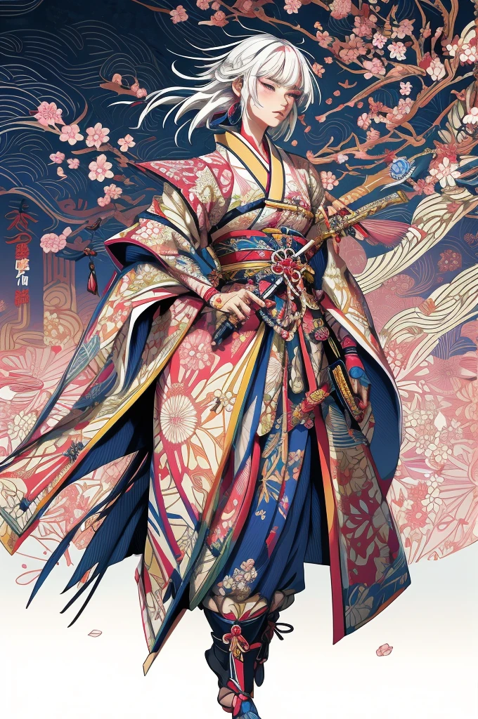 A vibrant and colorful illustration of an anime-style female samurai character with white hair, holding her sword in front of her face. She is wearing traditional Japanese adorned with floral patterns, a backdrop filled with colorful patterns representing ancient symbols and floral motifs. The background is richly detailed with geometric shapes that add depth to their figure's presence., creating a whimsical atmosphere. The background features bold colors and intricate designs that add to the overall visual appeal. This artwork showcases vivid hues, intricate details on both attire and armor, capturing movement as she walks forward in the style of intricate details on both attire and armor, capturing movement as she walks forward,  in the style of  takato yamamoto    , 