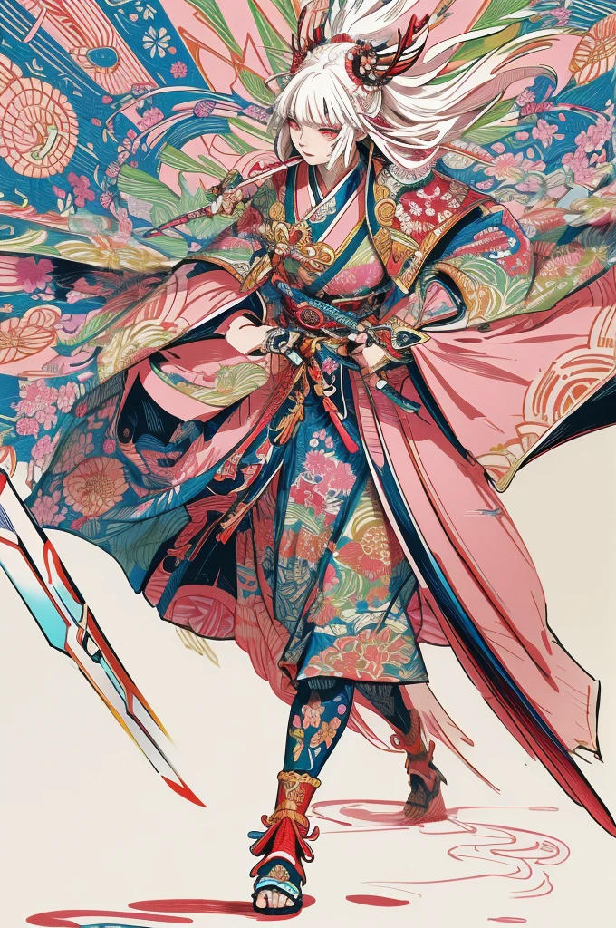 A vibrant and colorful illustration of an anime-style female samurai character with white hair, holding her sword in front of her face. She is wearing traditional Japanese adorned with floral patterns, a backdrop filled with colorful patterns representing ancient symbols and floral motifs. The background is richly detailed with geometric shapes that add depth to their figure's presence., creating a whimsical atmosphere. The background features bold colors and intricate designs that add to the overall visual appeal. This artwork showcases vivid hues, intricate details on both attire and armor, capturing movement as she walks forward in the style of intricate details on both attire and armor, capturing movement as she walks forward,  in the style of  takato yamamoto    , 