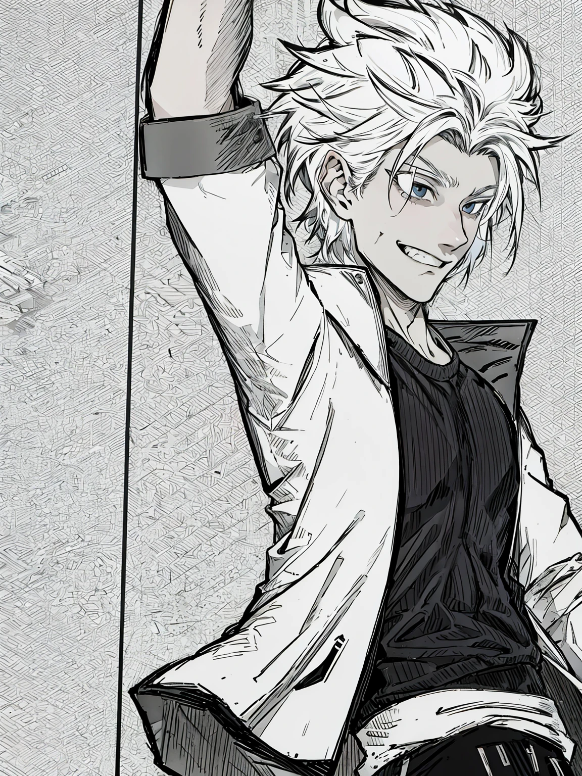 male boy, white jacket, defined body, white hair,