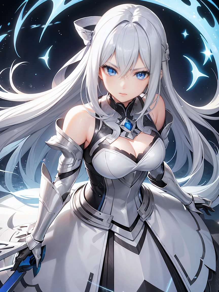 Gray hair straight long、Beautiful sparkling blue eyes、Detailed eyes、high quality、masterpiece、One Woman、solo、White Knight、Silver Armor、Rin々Shii、Focus on the Opponent、Anime style face