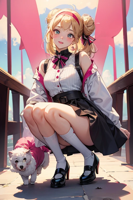 Sis Swing has tan skin and big brown eyes. She wears red lipstick and has pale blushed cheeks, along with freckles on the bridge of her nose. Her dirty blonde hair is worn up in a bun with her bangs partially curled on her forehead. She wears a fuchsia headband with a knotted bow.
Her outfit consists of a black and white striped top with elbow-length sleeves, a black belt, and a fuchsia poodle skirt with a black poodle design. Her black and white shoes are paired with white socks. Around her neck is a fuchsia cloth knotted on the corner. SPARKLE; GLITTER